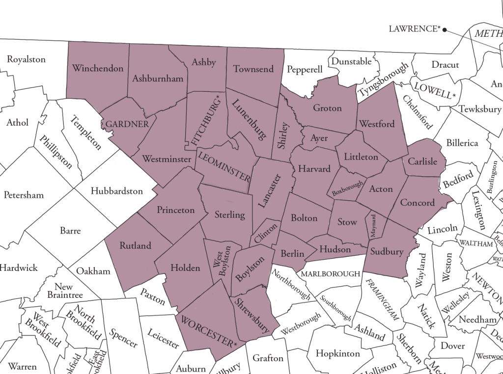 Map of the Massachusetts towns that Jay Moody HVAC installs and services heating and cooling systems for. 