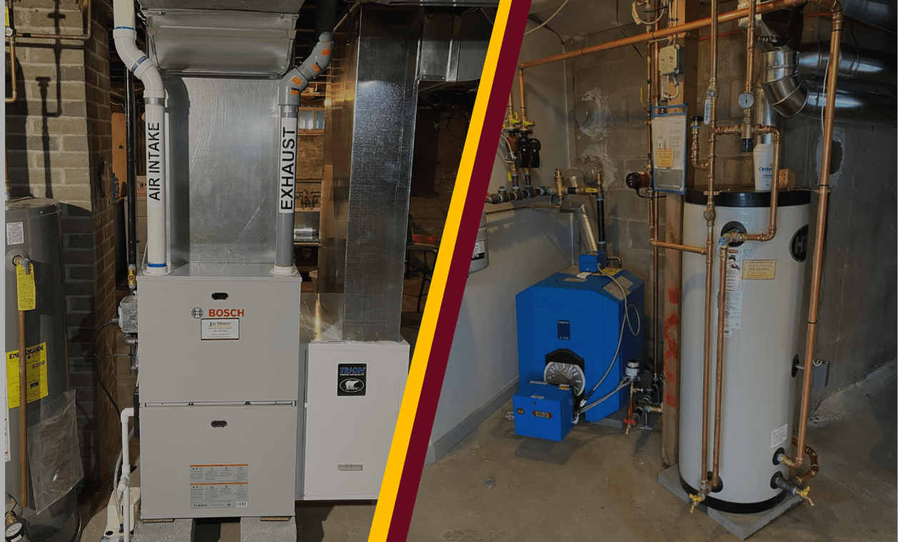 Furnace fuel heating system pcitured on left side compared to oil-fired boiler pictured on right side.