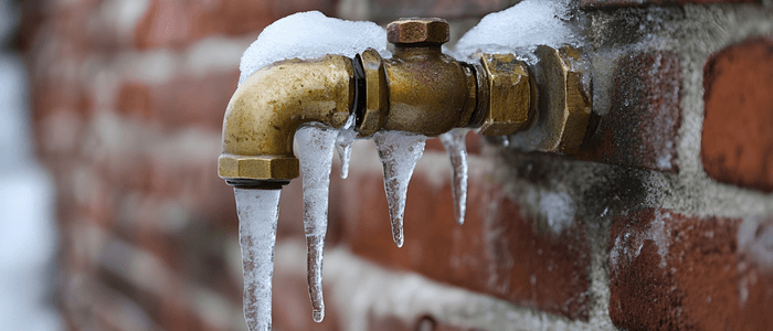 Outdoor faucet frozen in winter risking burst pipe.